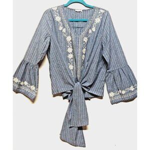 LINEN BLEND Top Bell Flared Sleeve Embroidered Tie Front  Sz M blue white V Neck